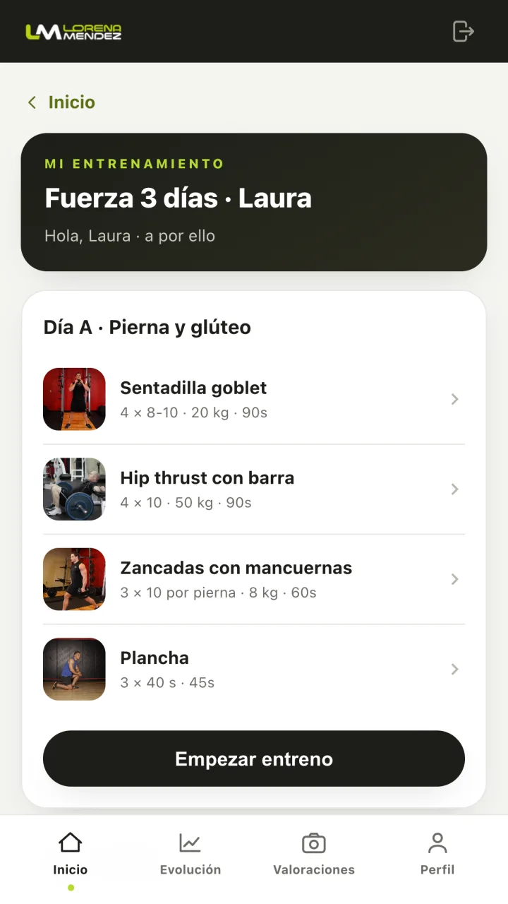 Pantalla del plan de entrenamiento en la app Lorena Méndez Training