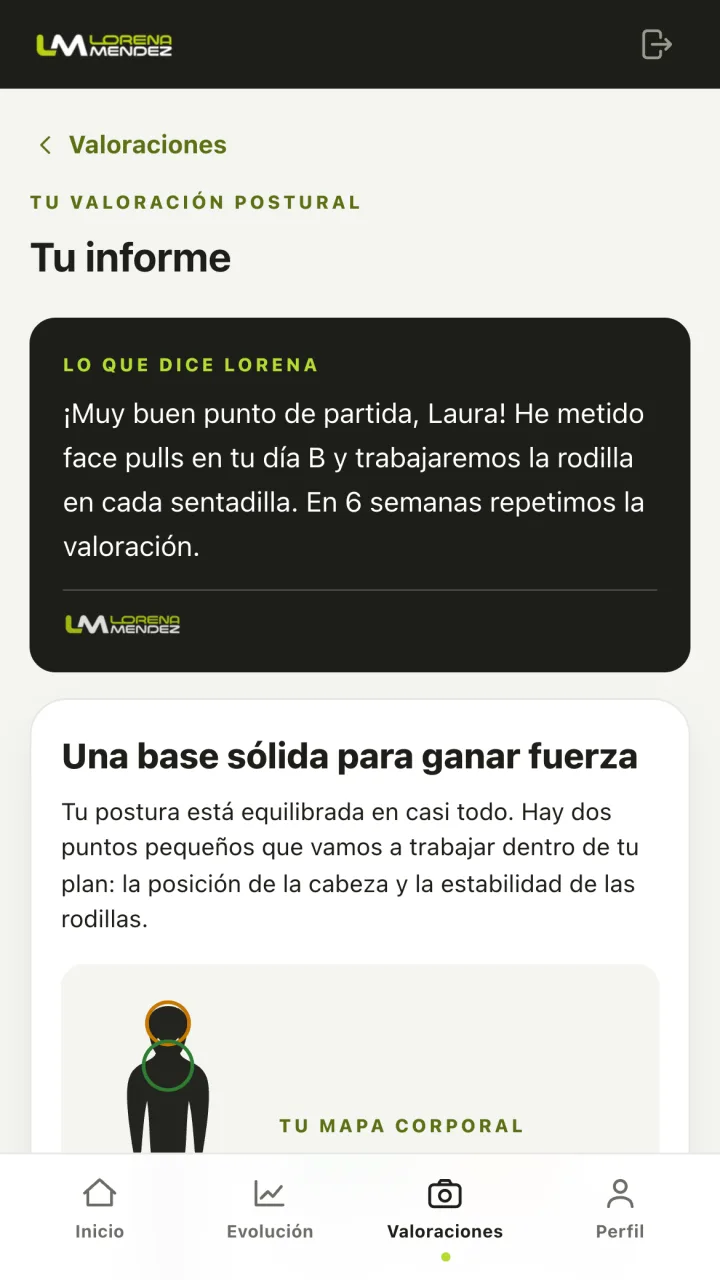 Informe de valoración postural con el mensaje de Lorena